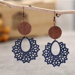 Hollow‎ Blue Leather Wood Spider Web Design Dangle Earrings 2/$15 3/$20 4/$25